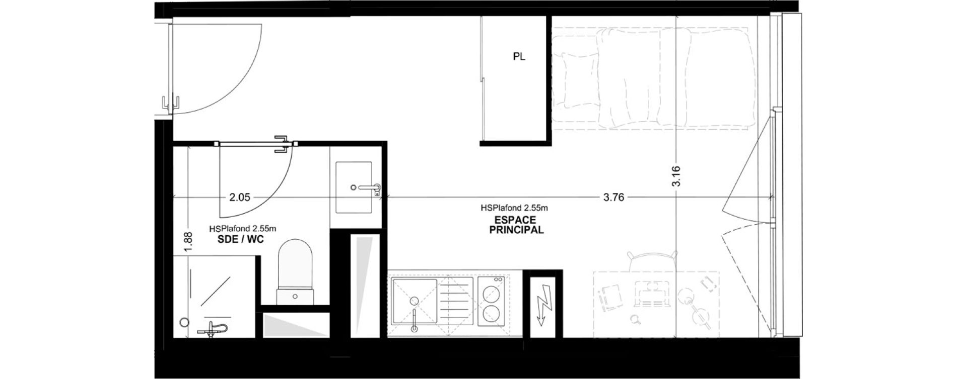 Studio meubl&eacute; de 16,71 m2 &agrave; Bordeaux Cauderan