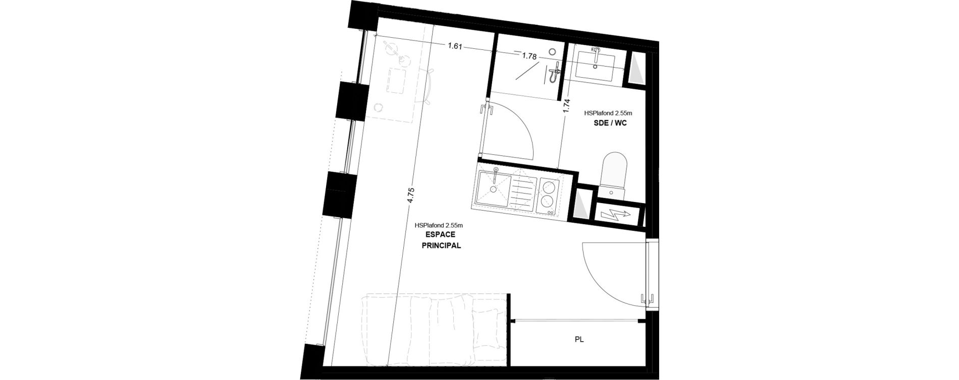 Studio meubl&eacute; de 17,41 m2 &agrave; Bordeaux Cauderan