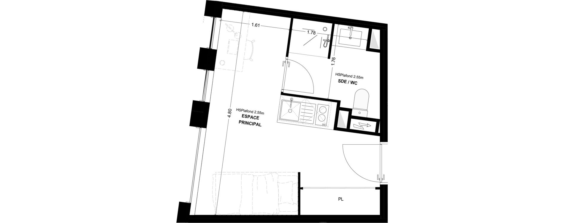 Studio meubl&eacute; de 17,41 m2 &agrave; Bordeaux Cauderan