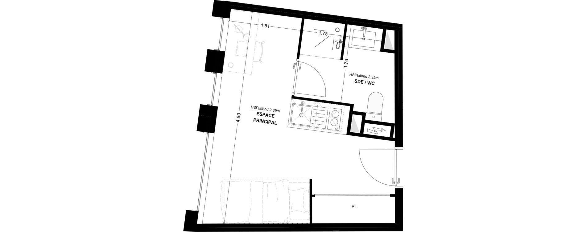 Studio meubl&eacute; de 17,41 m2 &agrave; Bordeaux Cauderan