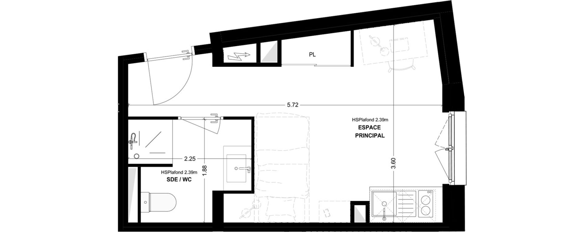 Studio meubl&eacute; de 17,61 m2 &agrave; Bordeaux Cauderan