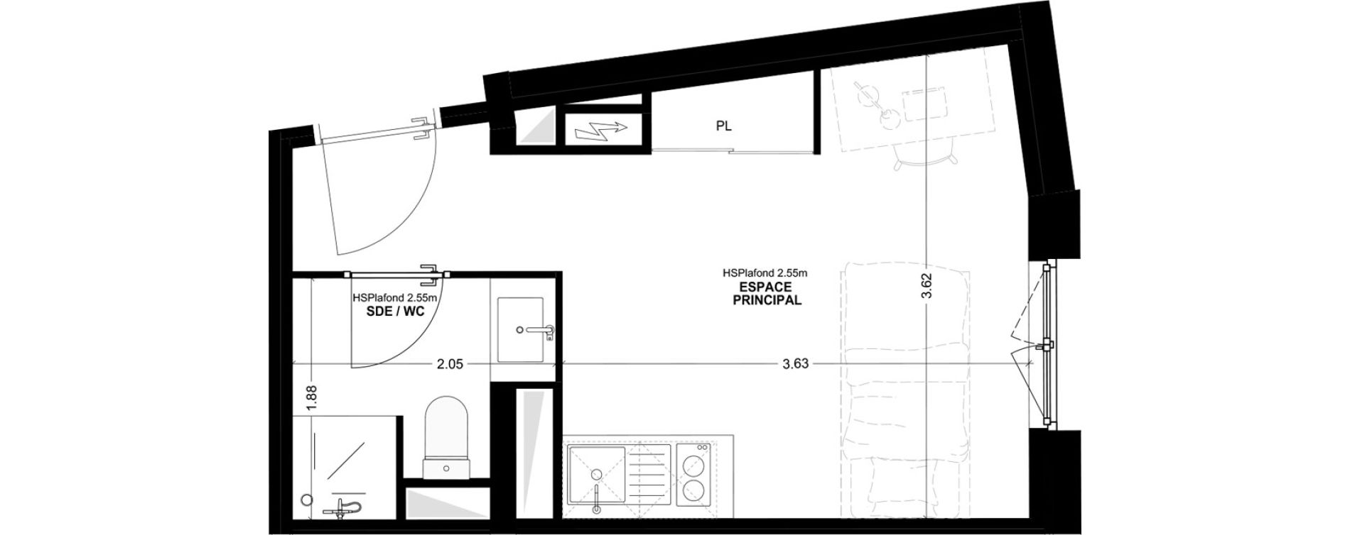 Studio meubl&eacute; de 17,66 m2 &agrave; Bordeaux Cauderan