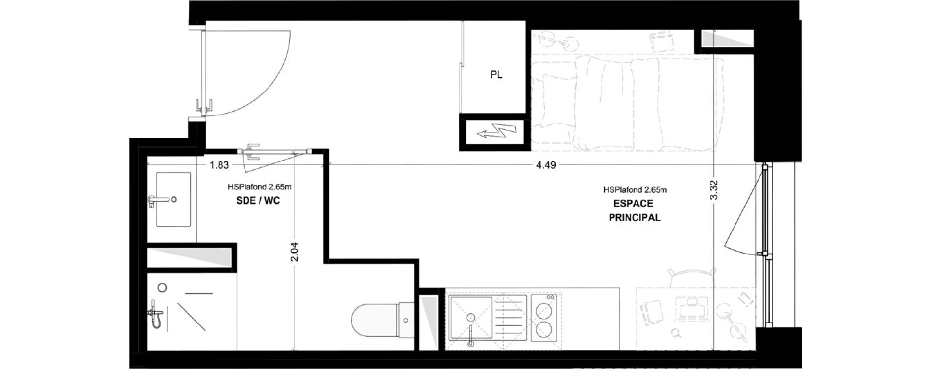 Studio meubl&eacute; de 19,36 m2 &agrave; Bordeaux Cauderan