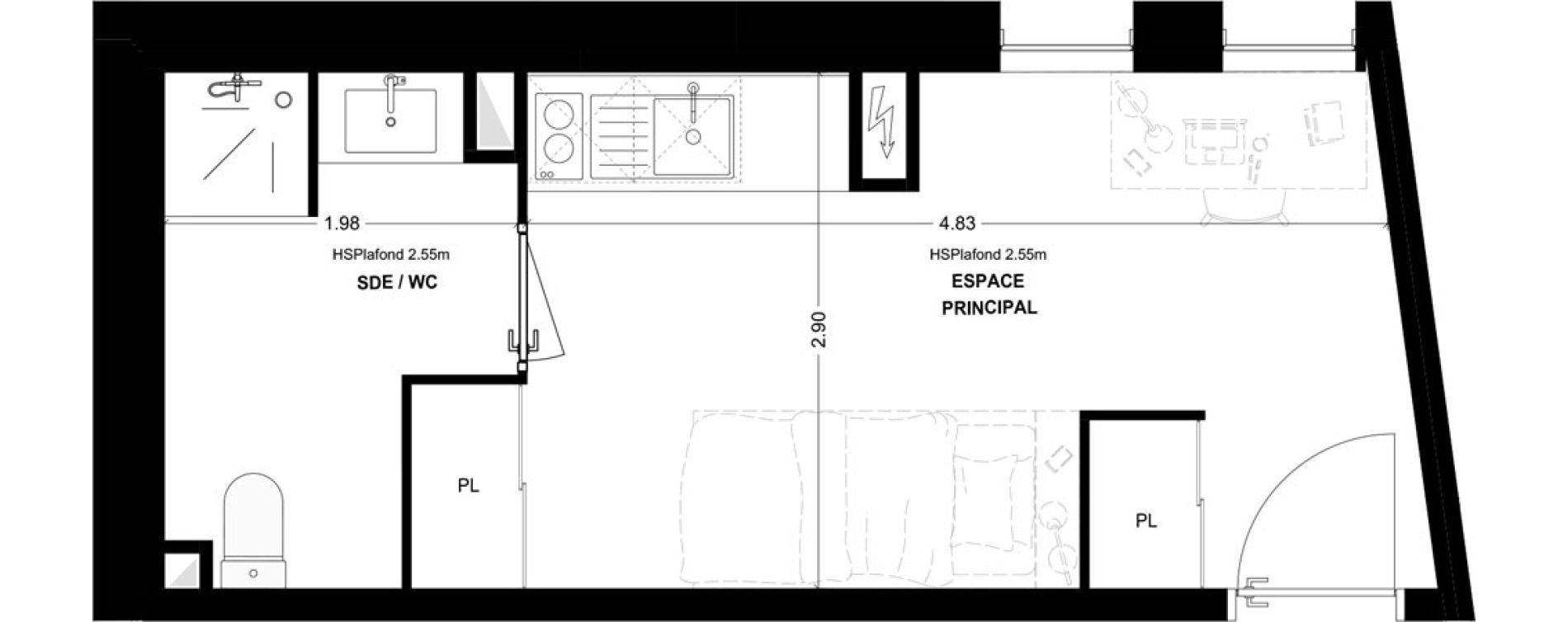 Studio meubl&eacute; de 19,39 m2 &agrave; Bordeaux Cauderan