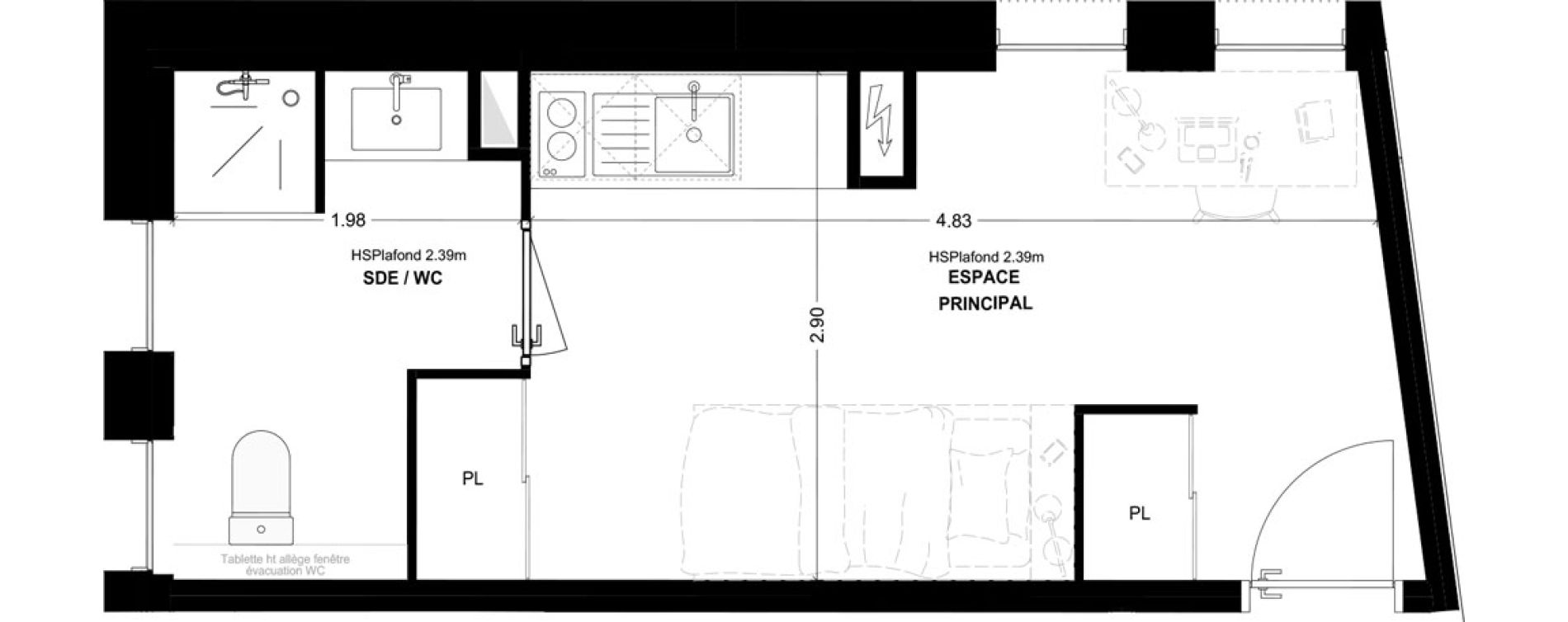 Studio meubl&eacute; de 19,46 m2 &agrave; Bordeaux Cauderan