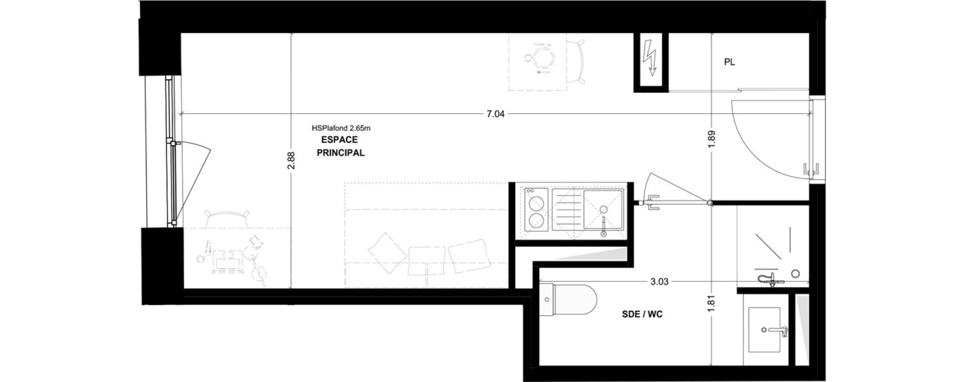 Studio meubl&eacute; de 21,64 m2 &agrave; Bordeaux Cauderan