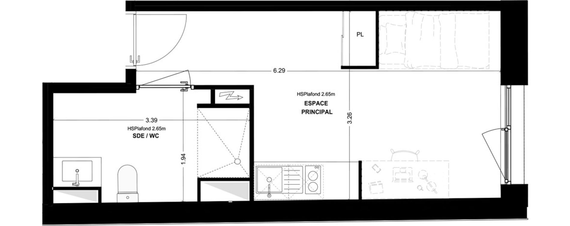 Studio meubl&eacute; de 22,01 m2 &agrave; Bordeaux Cauderan