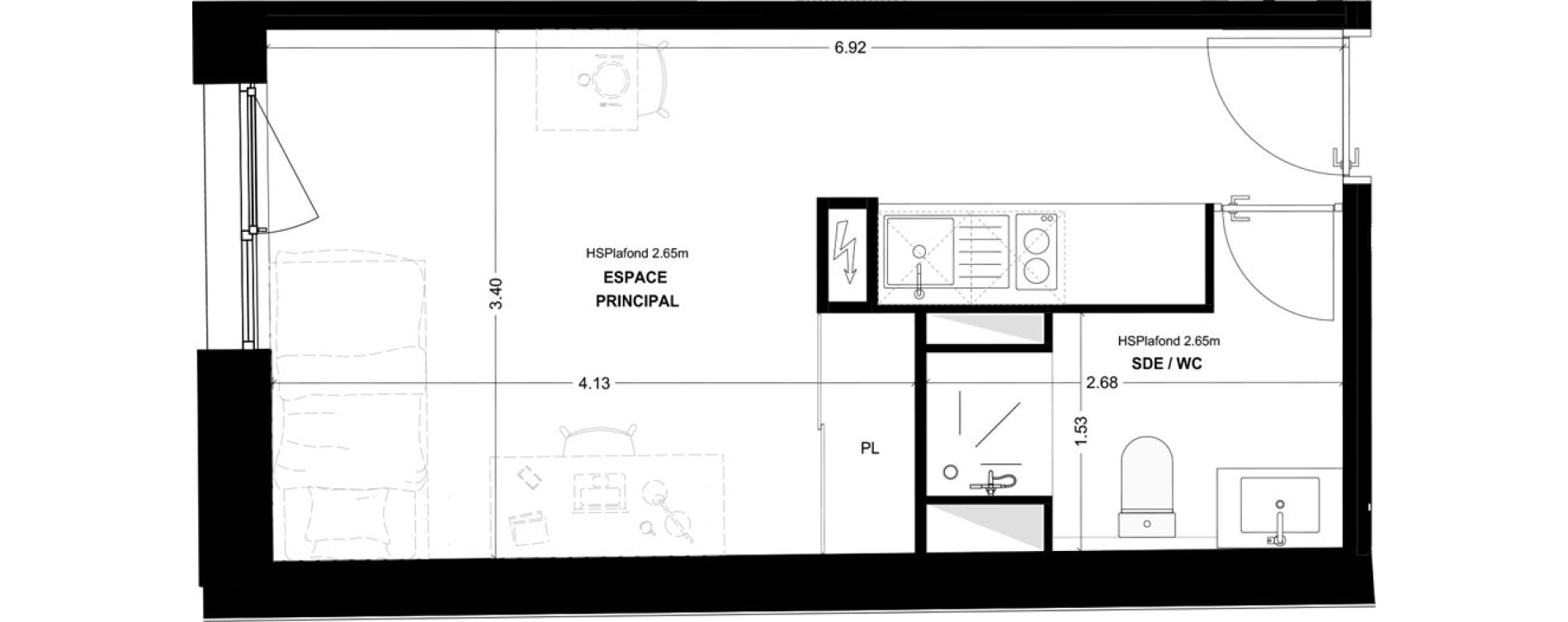 Studio meubl&eacute; de 22,24 m2 &agrave; Bordeaux Cauderan