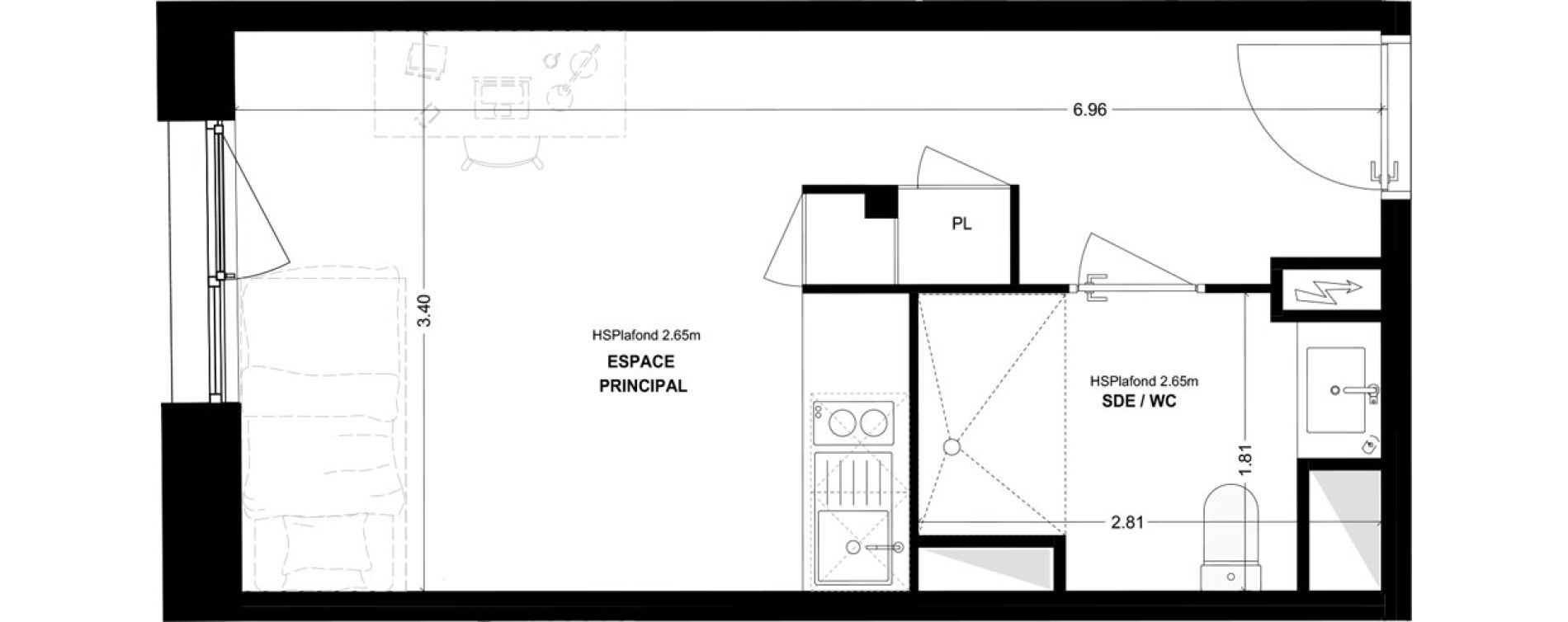 Studio meubl&eacute; de 22,34 m2 &agrave; Bordeaux Cauderan