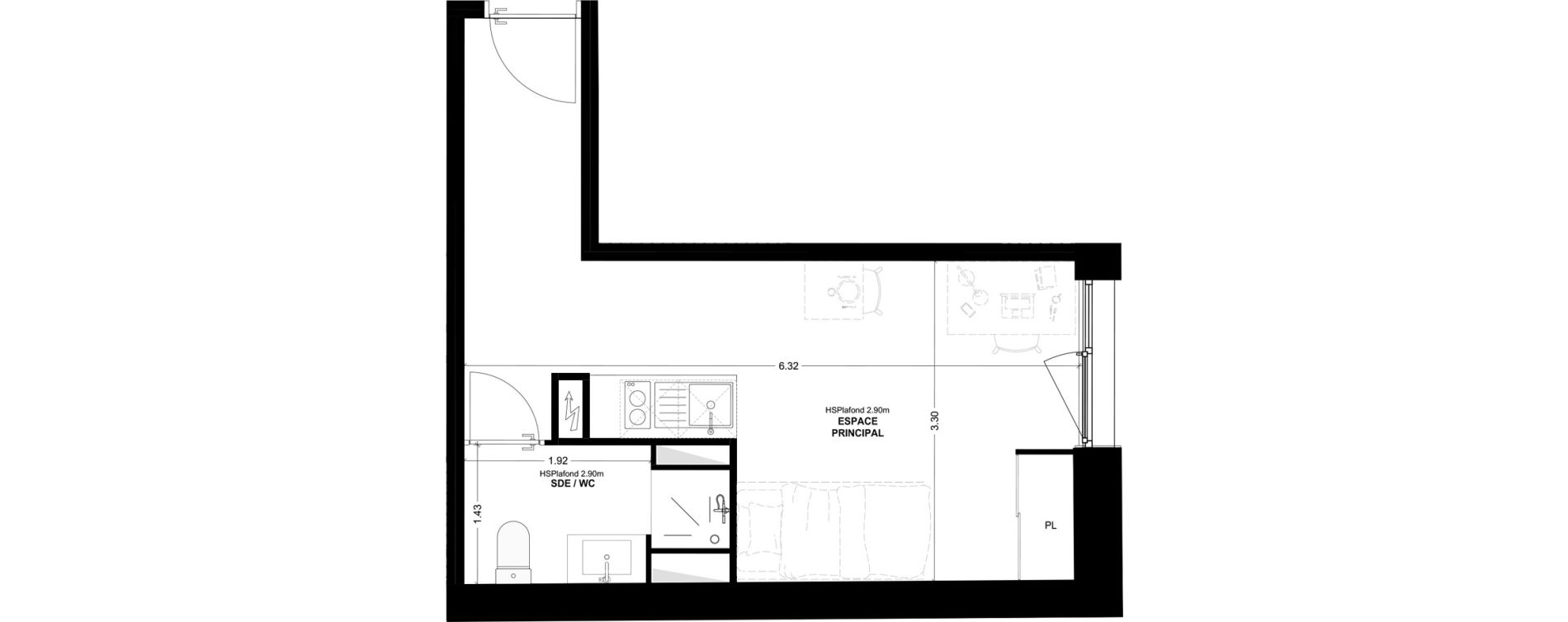 Studio meubl&eacute; de 22,81 m2 &agrave; Bordeaux Cauderan