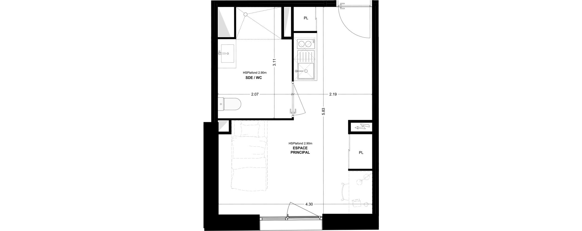 Studio meubl&eacute; de 23,68 m2 &agrave; Bordeaux Cauderan