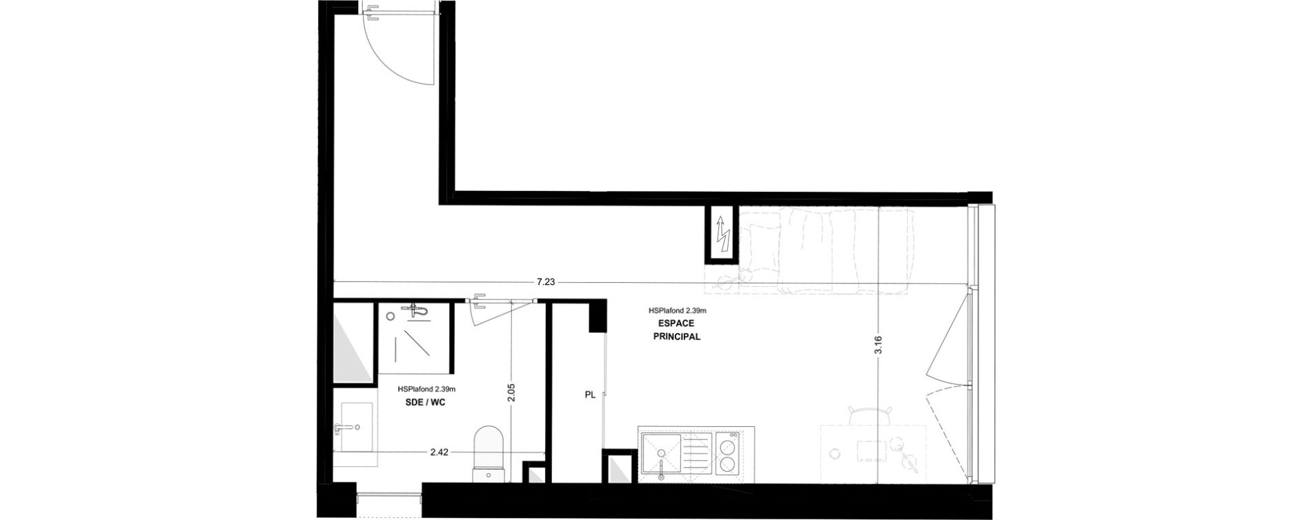 Studio meubl&eacute; de 24,10 m2 &agrave; Bordeaux Cauderan