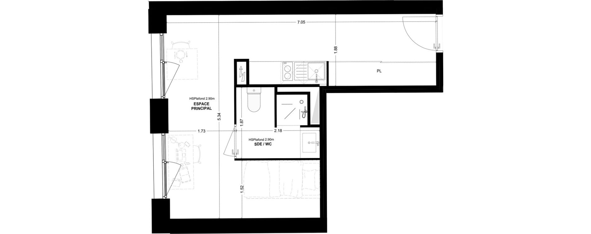 Studio meubl&eacute; de 25,72 m2 &agrave; Bordeaux Cauderan