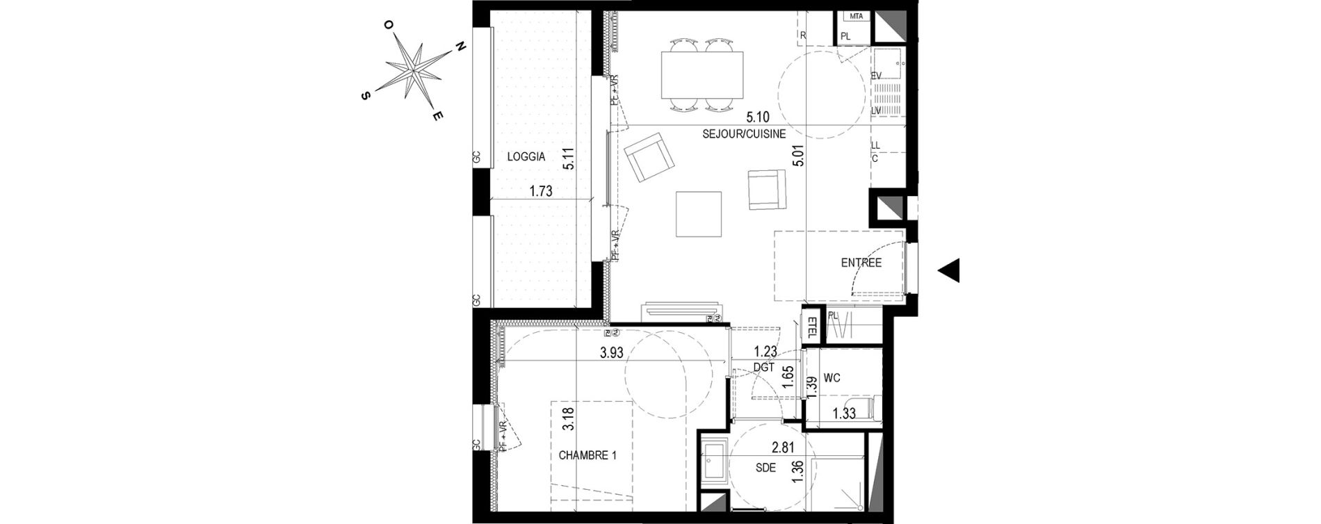 Appartement T2 de 45,80 m2 &agrave; Bordeaux Brazza