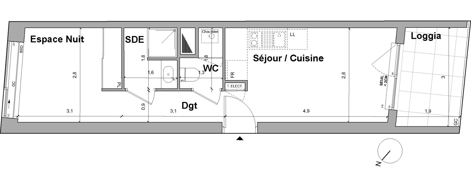Appartement T1 de 30,26 m2 &agrave; Bordeaux Saint gen&egrave;s