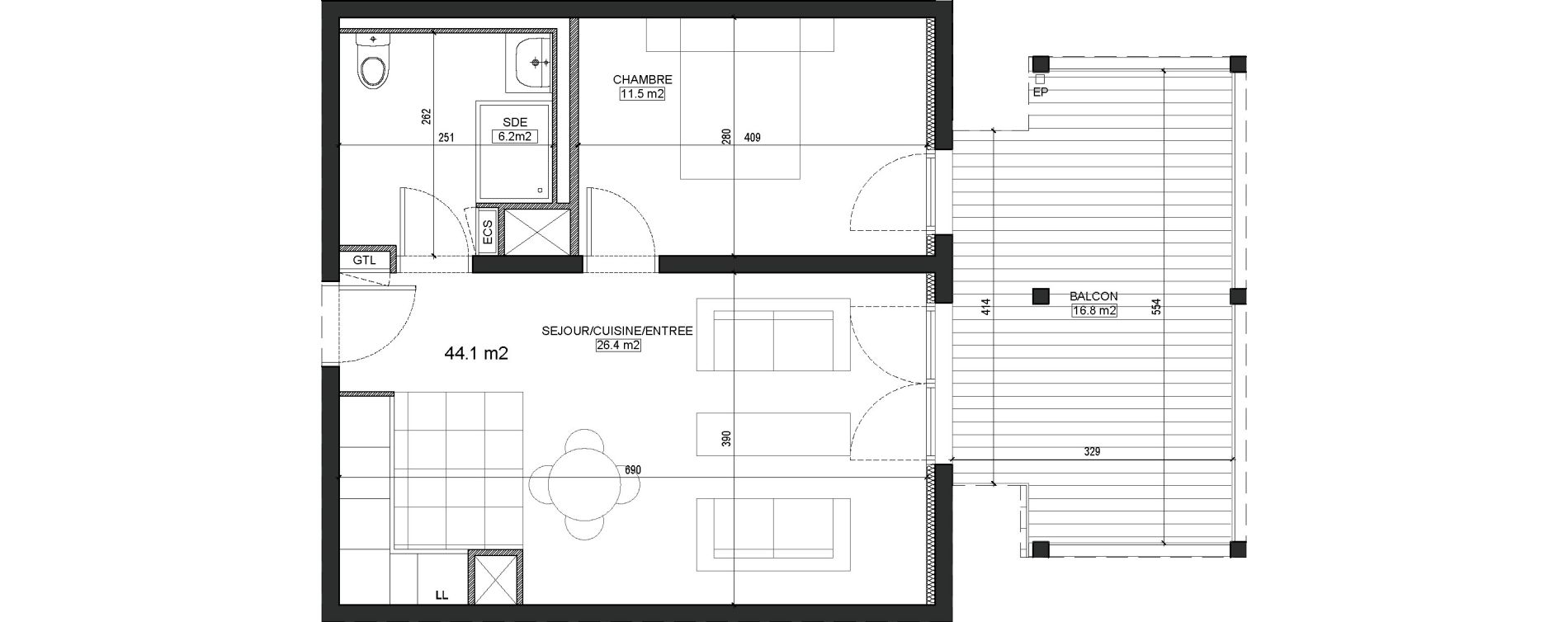 Appartement T2 de 44,10 m2 &agrave; Bordeaux Brazza