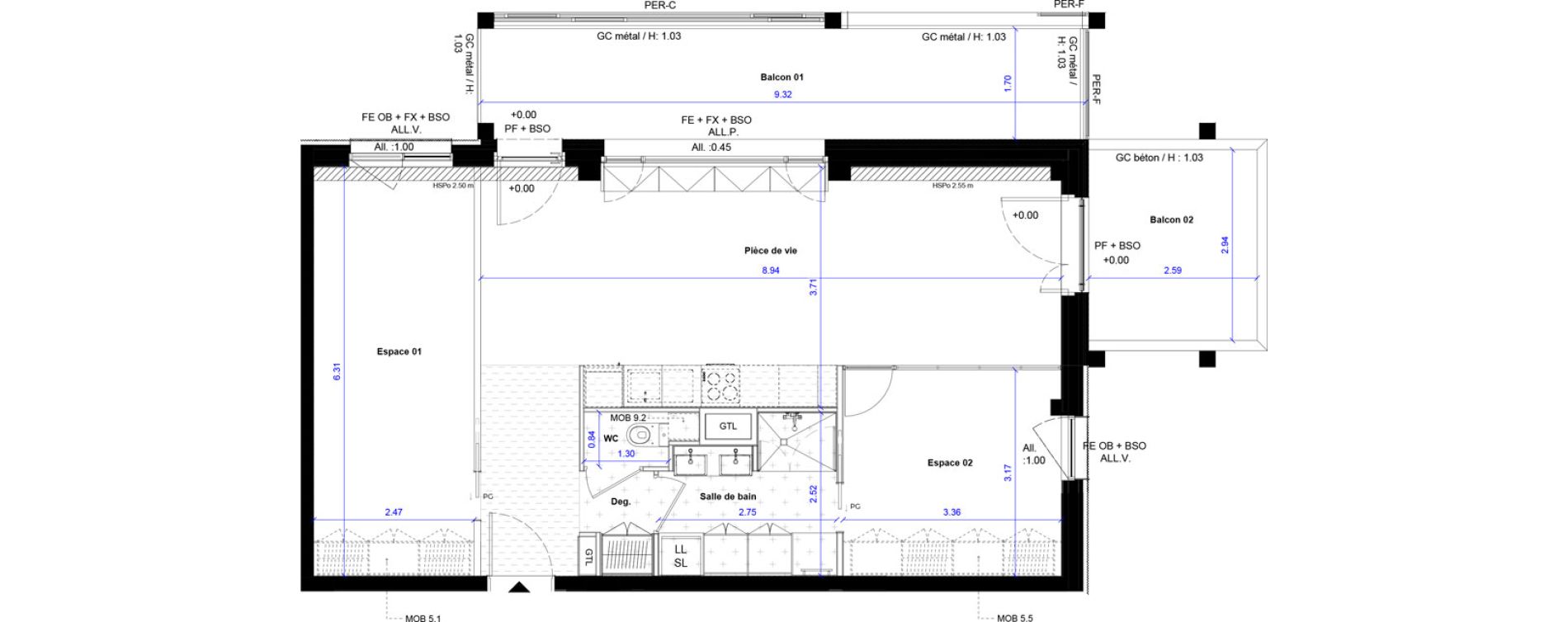 Appartement T3 de 70,82 m2 &agrave; Bordeaux Ginko