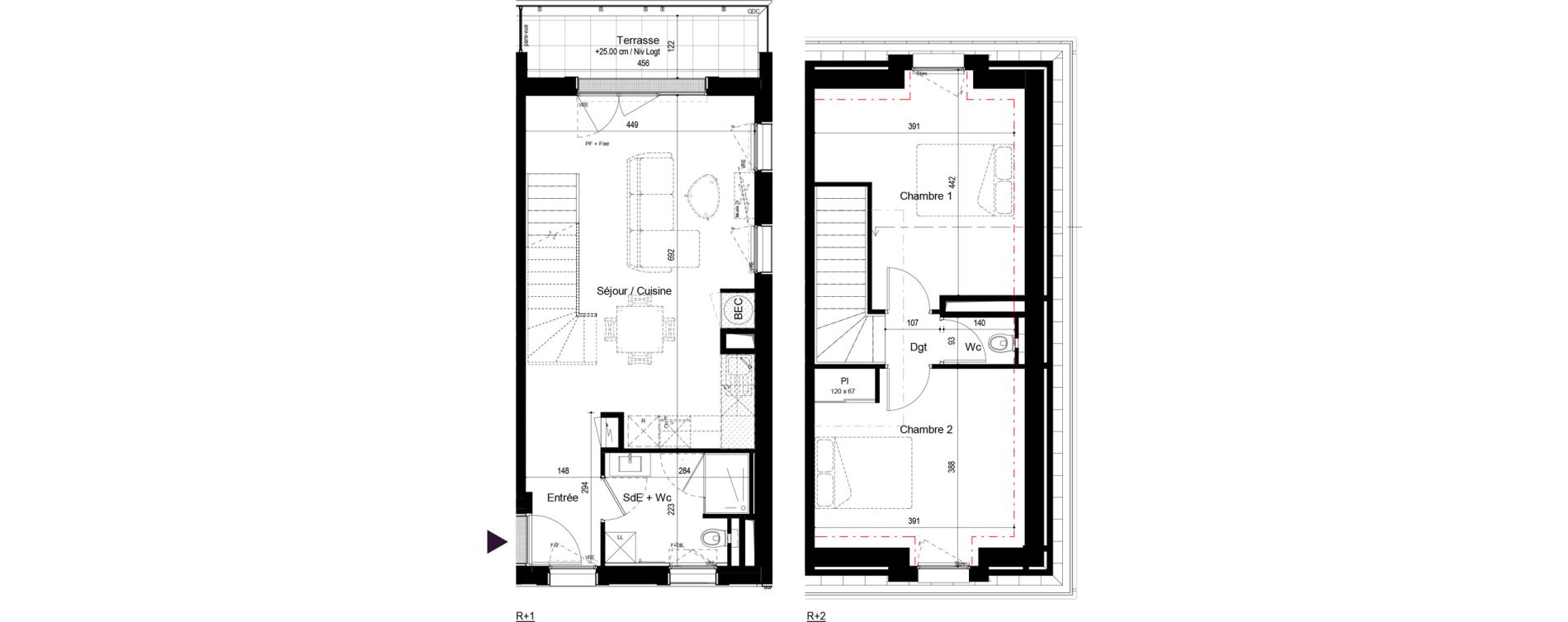 Duplex T3 de 66,32 m2 &agrave; Bordeaux Nansouty