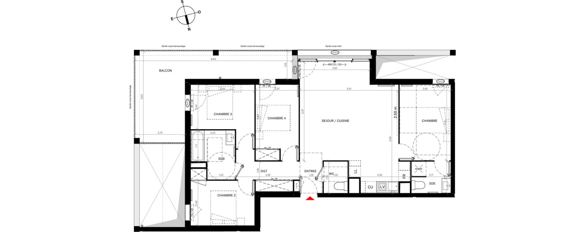 Appartement T5 de 92,51 m2 &agrave; Bordeaux Lac
