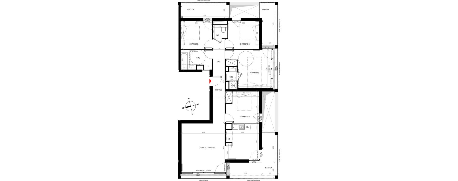 Appartement T5 de 96,74 m2 &agrave; Bordeaux Lac