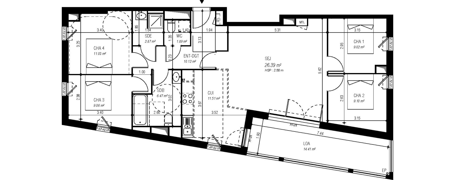 Appartement T5 de 97,46 m2 &agrave; Bordeaux Ginko