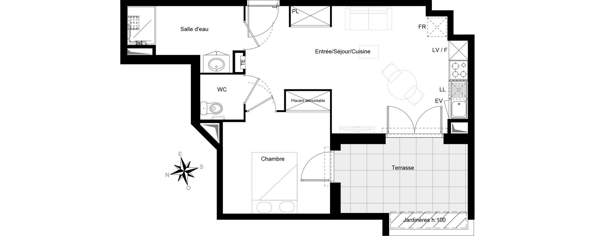 Appartement T2 de 41,87 m2 &agrave; Cenon Gravi&egrave;res - gravette - beaulieu - lagrue - plaisance