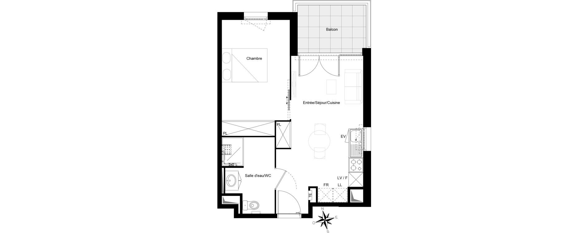 Appartement T2 de 39,99 m2 &agrave; Cenon Gravi&egrave;res - gravette - beaulieu - lagrue - plaisance