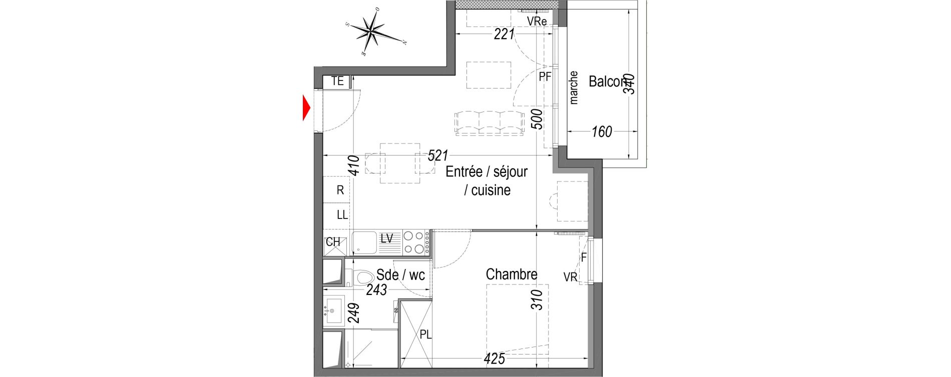 Appartement T2 de 40,47 m2 &agrave; Cenon Gravi&egrave;res - gravette - beaulieu - lagrue - plaisance