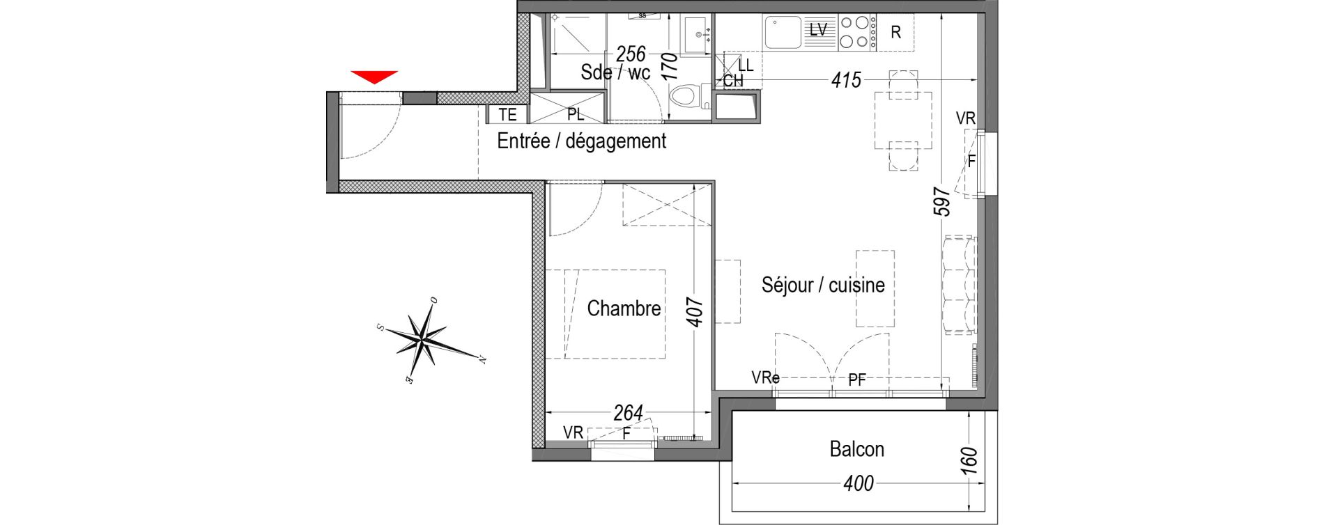 Appartement T2 de 45,65 m2 &agrave; Cenon Gravi&egrave;res - gravette - beaulieu - lagrue - plaisance