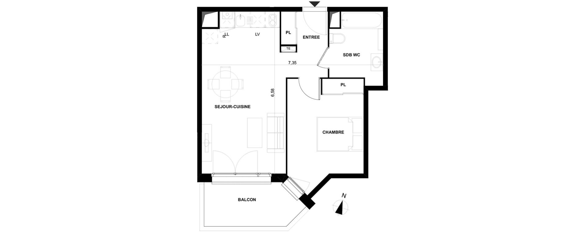 Appartement T2 de 44,55 m2 &agrave; Cenon Gravi&egrave;res - gravette - beaulieu - lagrue - plaisance