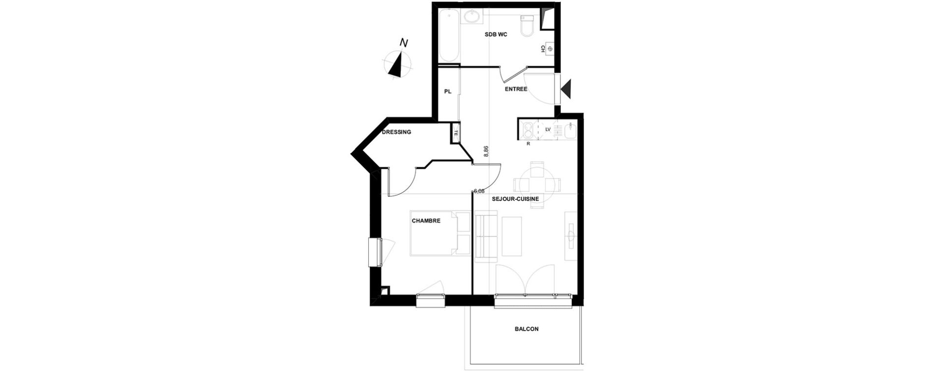 Appartement T2 de 44,00 m2 &agrave; Cenon Gravi&egrave;res - gravette - beaulieu - lagrue - plaisance