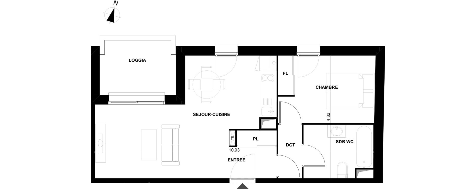 Appartement T2 de 44,42 m2 &agrave; Cenon Gravi&egrave;res - gravette - beaulieu - lagrue - plaisance