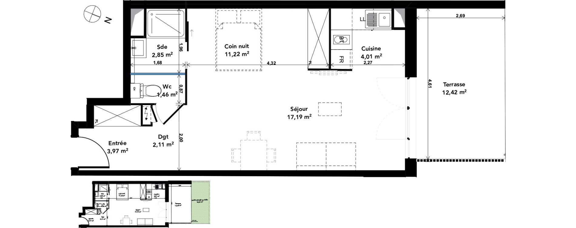 Appartement T1 bis de 42,81 m2 &agrave; Cenon Gravi&egrave;res - gravette - beaulieu - lagrue - plaisance