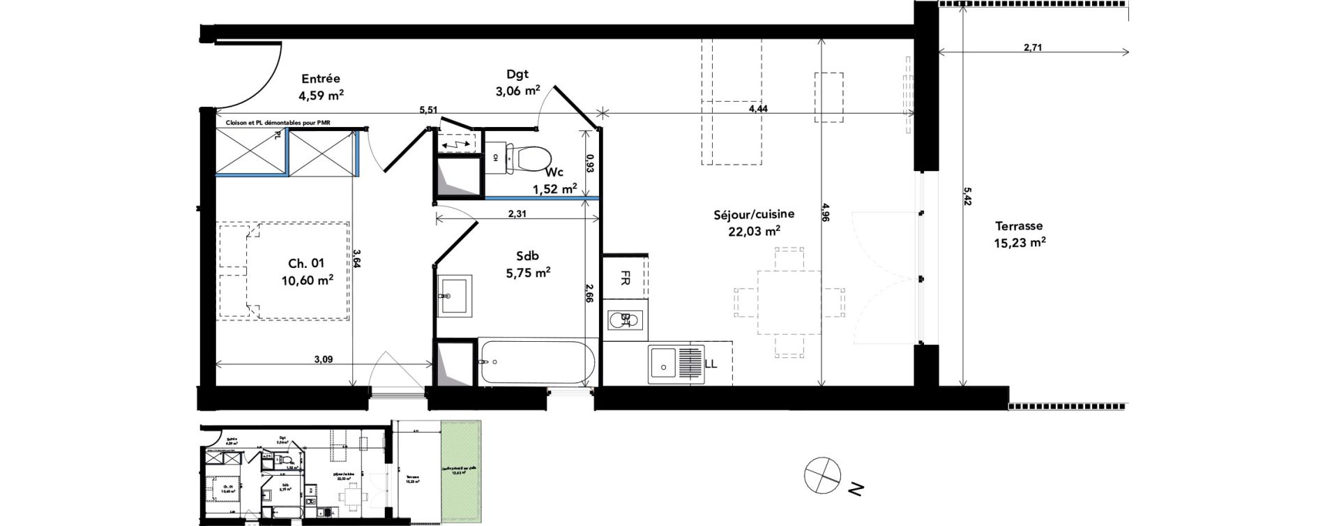 Appartement T2 de 47,55 m2 &agrave; Cenon Gravi&egrave;res - gravette - beaulieu - lagrue - plaisance