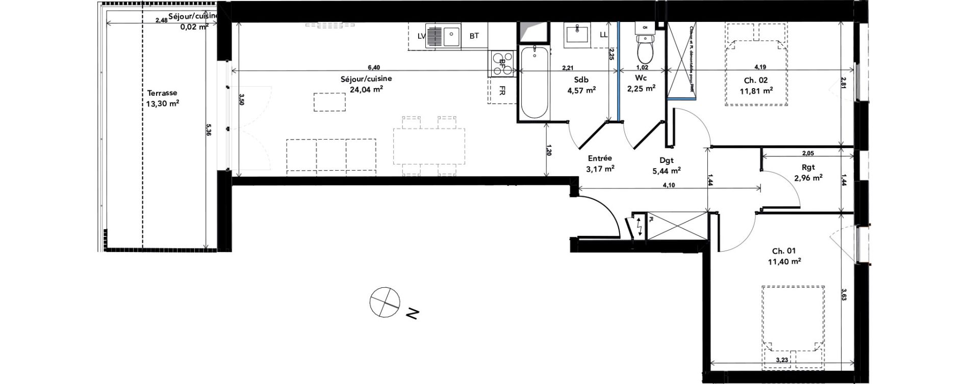 Appartement T3 de 65,64 m2 &agrave; Cenon Gravi&egrave;res - gravette - beaulieu - lagrue - plaisance