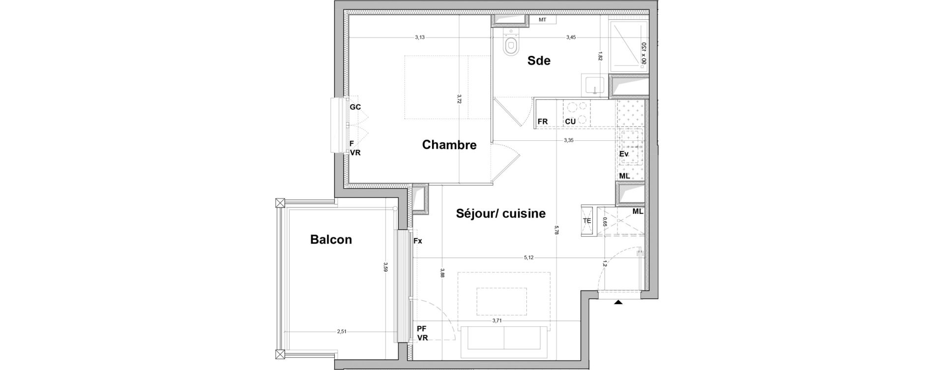 Appartement T2 de 40,52 m2 &agrave; Floirac La souys