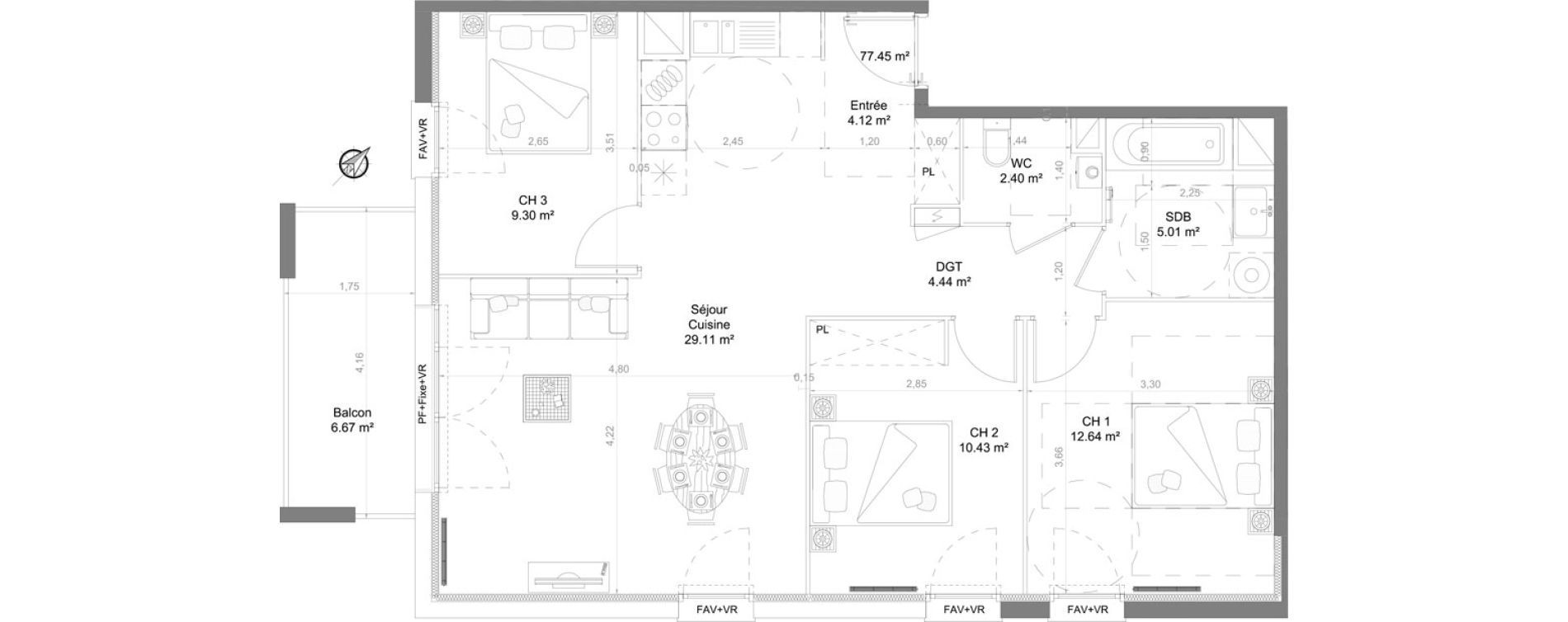 Appartement T4 de 77,45 m2 au Barp Centre