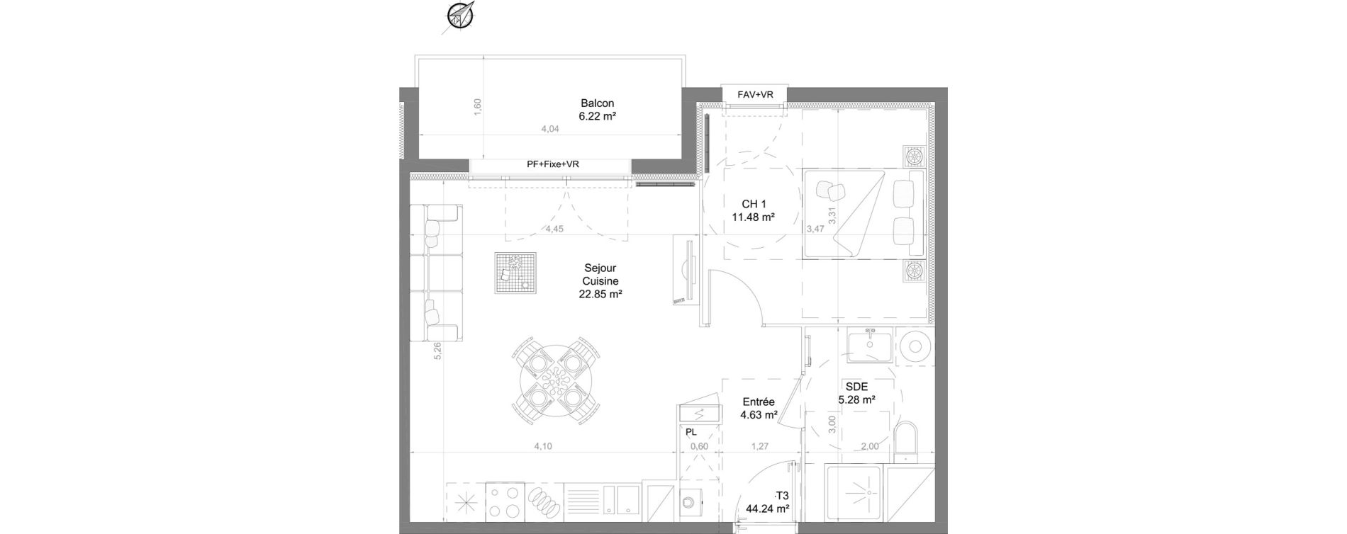 Appartement T2 de 44,24 m2 au Barp Centre