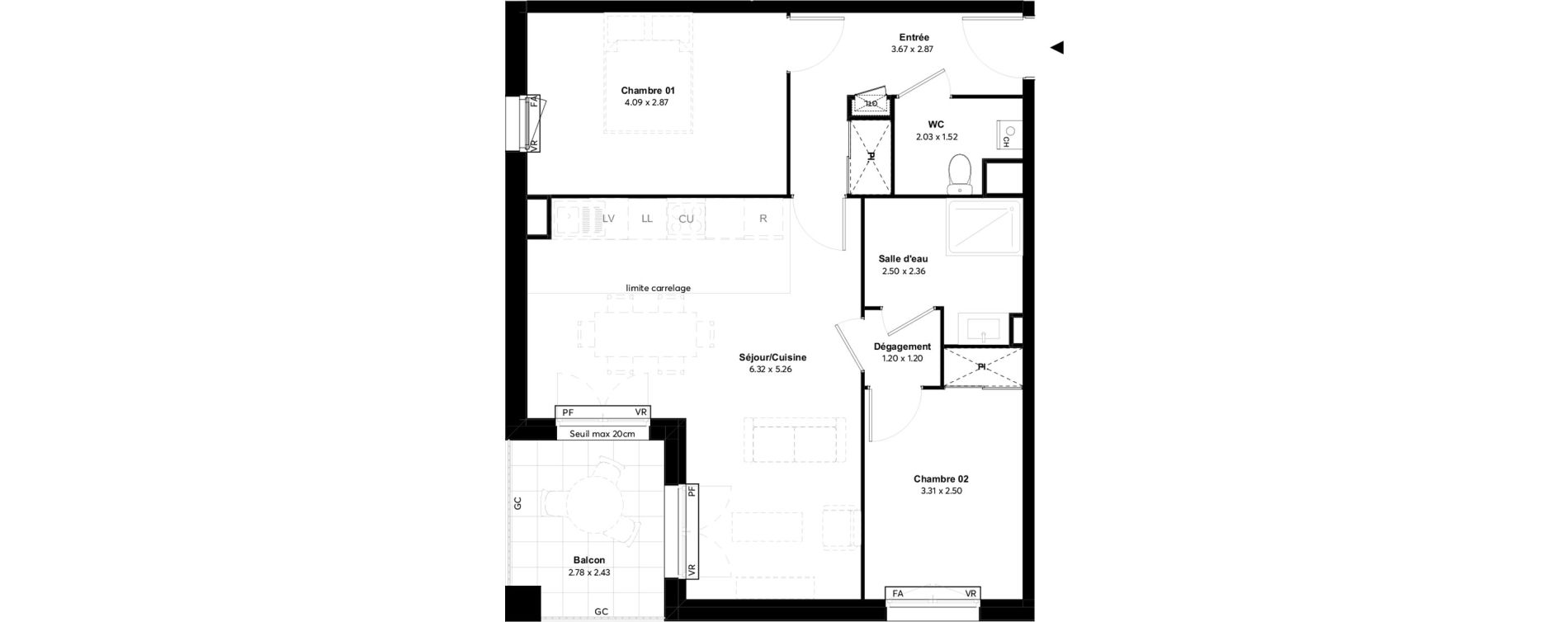 Appartement T3 de 62,76 m2 au Bouscat Hippodrome - lafon - f&eacute;line