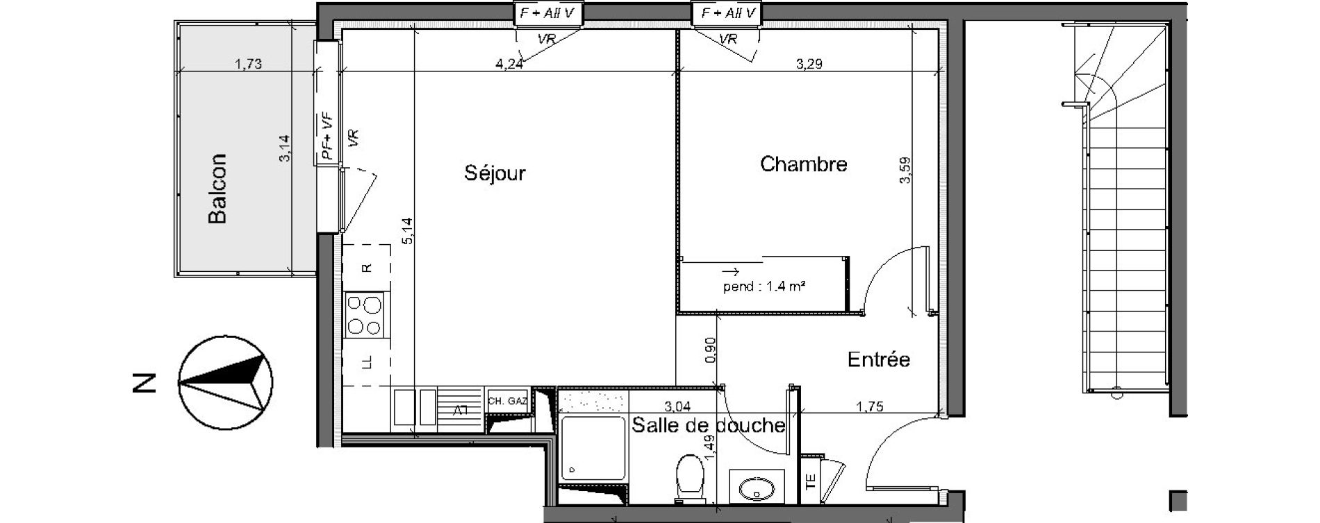 Appartement T2 de 42,10 m2 au Pian-M&eacute;doc Centre