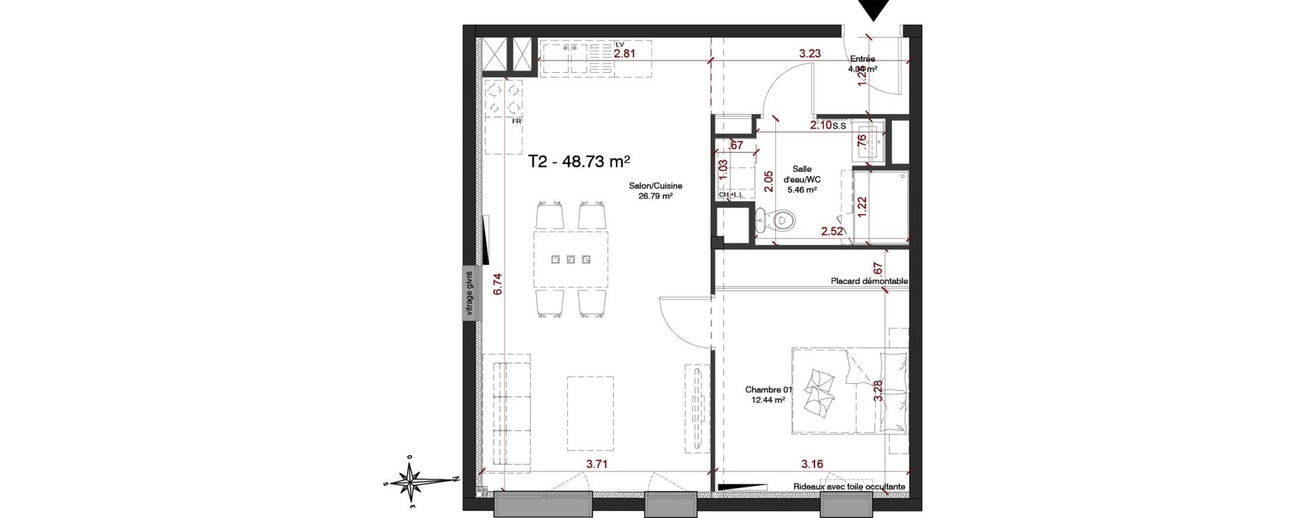 Appartement T2 de 48,73 m2 au Taillan-M&eacute;doc Centre