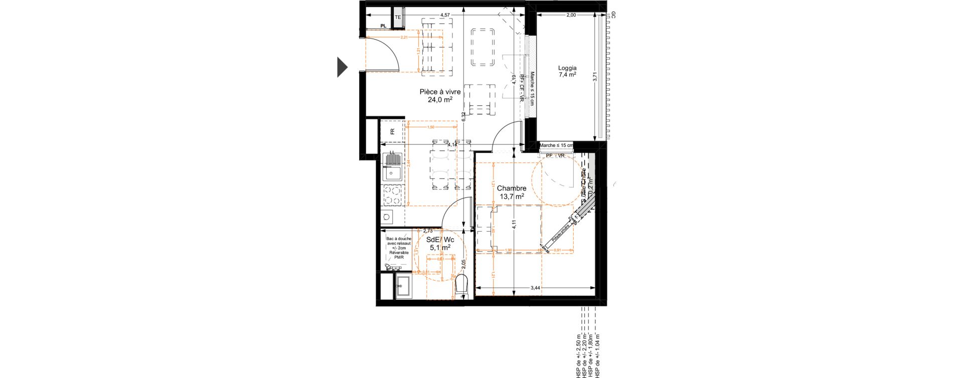 Appartement T2 de 42,80 m2 au Teich Centre