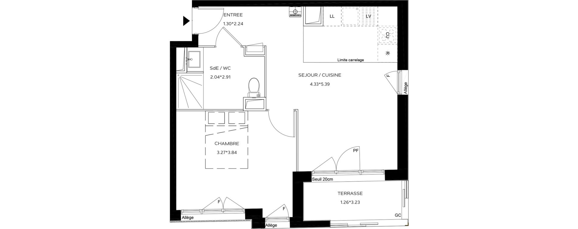 Appartement T2 de 41,97 m2 au Teich Centre