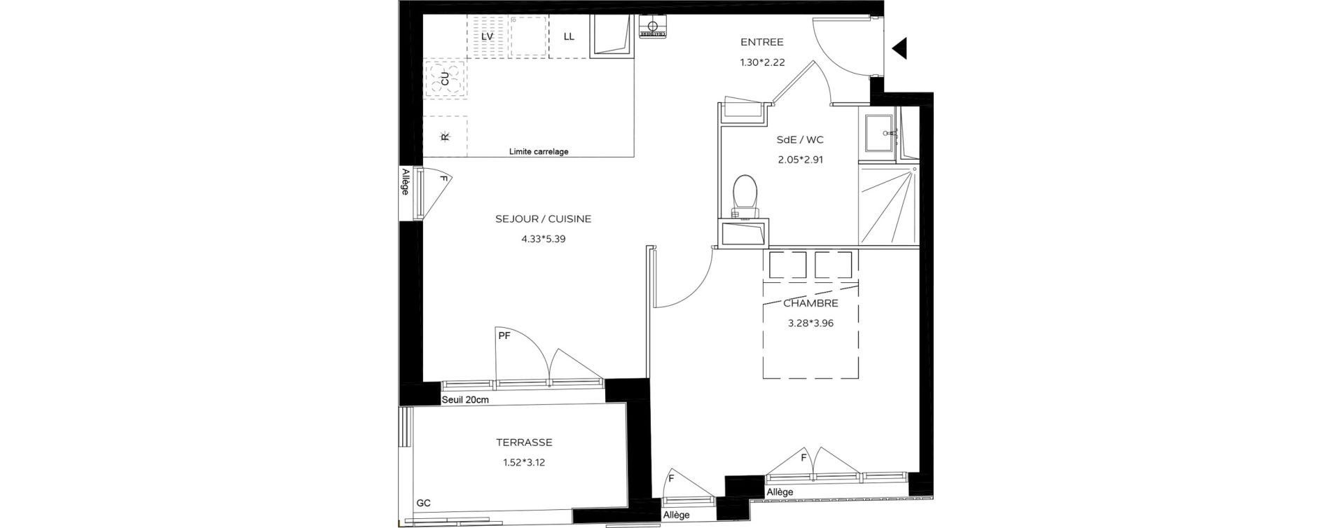 Appartement T2 de 42,29 m2 au Teich Centre