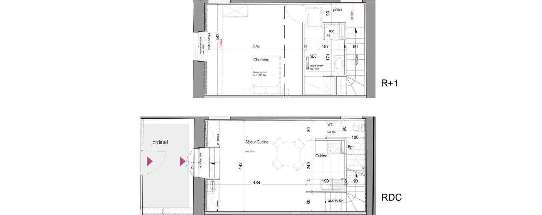 Duplex T2 de 54,28 m2 &agrave; M&eacute;rignac Chemin long