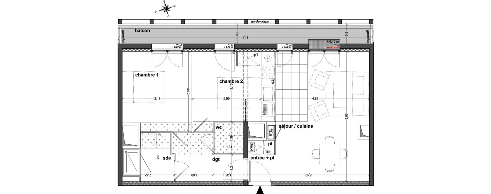 Appartement T3 de 60,39 m2 &agrave; M&eacute;rignac Eyquems