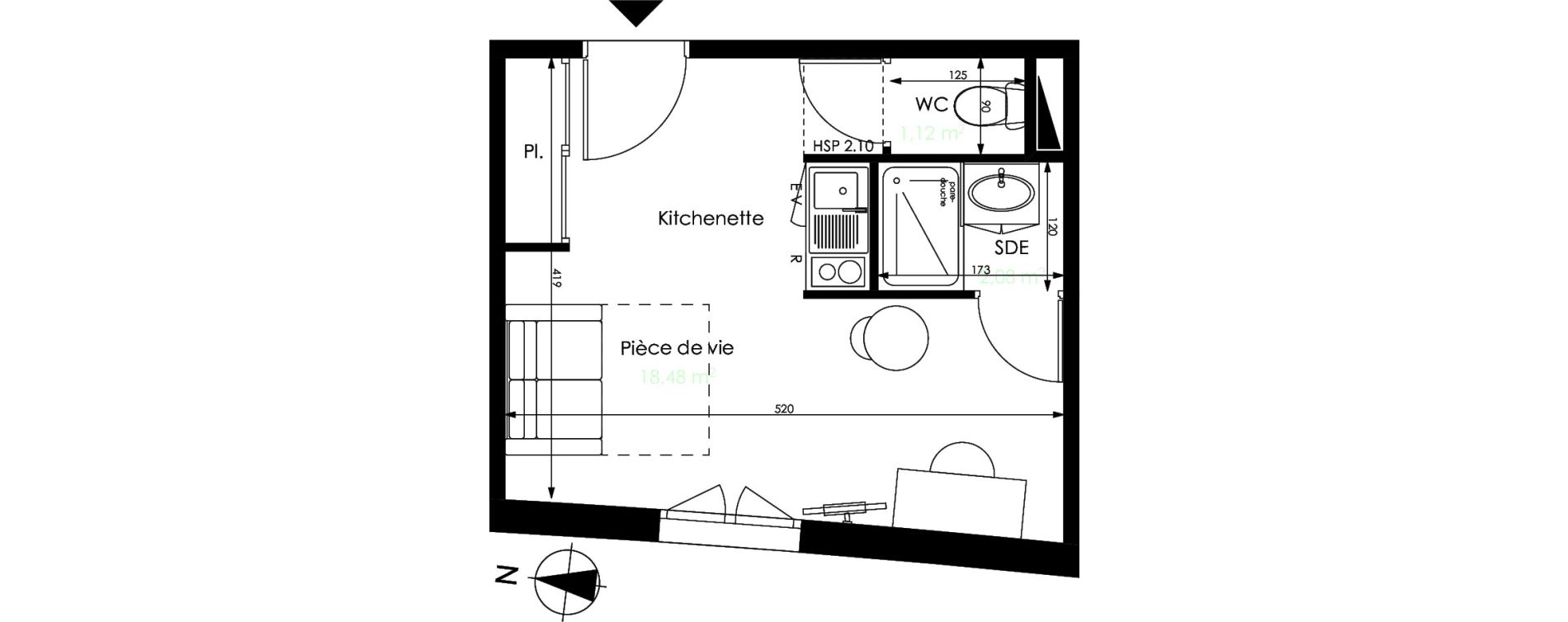 Appartement T1 de 21,68 m2 &agrave; M&eacute;rignac Capeyron