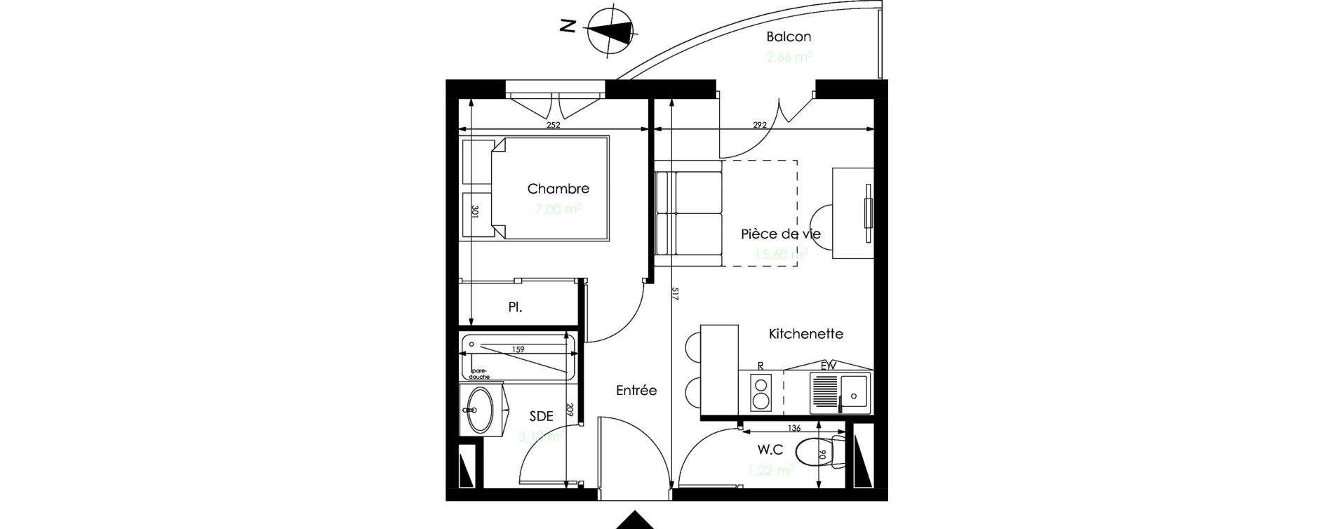 Appartement T2 de 26,92 m2 &agrave; M&eacute;rignac Capeyron
