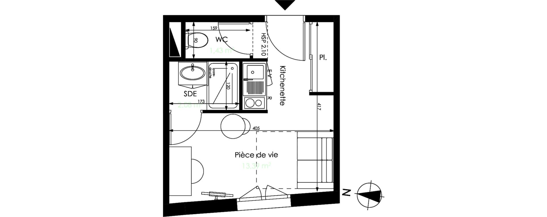 Appartement T1 de 16,90 m2 &agrave; M&eacute;rignac Capeyron