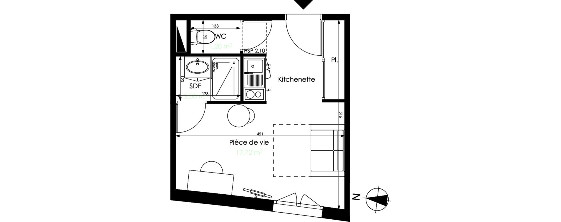 Appartement T1 de 21,00 m2 &agrave; M&eacute;rignac Capeyron